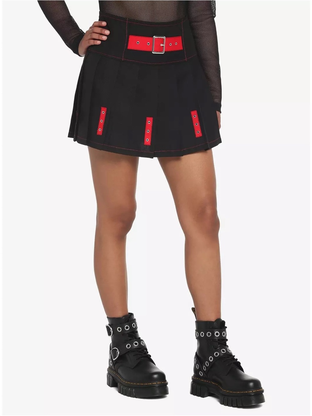 Royal Bones Black Pleated Mini Skirt with Red Belt & Grommet Tabs